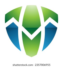Green and Blue Glossy Shield Shaped Letter T Icon on a White Background