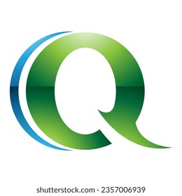 Green and Blue Glossy Spiky Round Shaped Letter Q Icon on a White Background