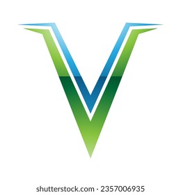 Green and Blue Glossy Spiky Shaped Letter V Icon on a White Background