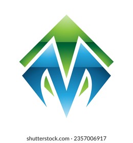 Green and Blue Glossy Square Diamond Shaped Letter M Icon on a White Background