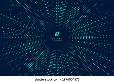 Green blue glowing light halftone glittering speed zoom effect. Glowing dot radial pattern on dark blue abstract background with copy space. Modern futuristic technology concept. Vector illustration