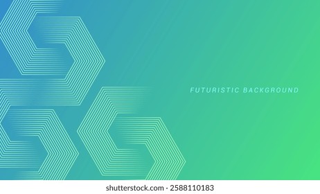 Green and blue gradient background with hexagon geometric lines pattern. Abstract shiny hexagon lines. Futuristic technology concept