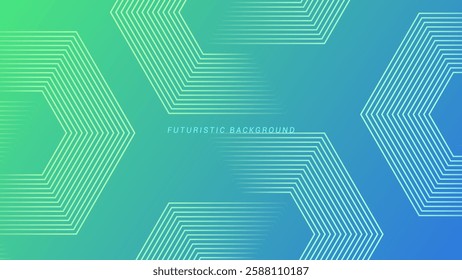 Green and blue gradient background with hexagon geometric lines pattern. Abstract shiny hexagon lines. Futuristic technology concept