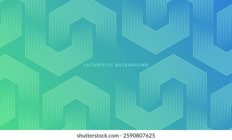 Green and blue gradient background with hexagon geometric lines pattern. Abstract shiny hexagon lines. Futuristic technology concept
