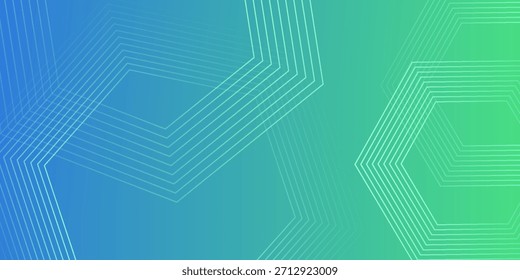 Green and blue gradient background with hexagon geometric lines pattern. Abstract shiny hexagon lines. Futuristic technology concept