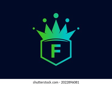 Green blue gradient color of F initial letter in frame with crown design