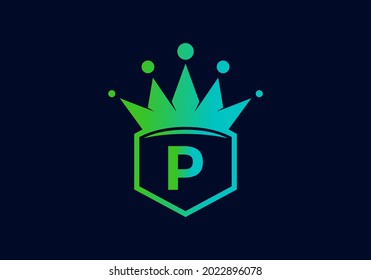 Green blue gradient color of P initial letter in frame with crown design