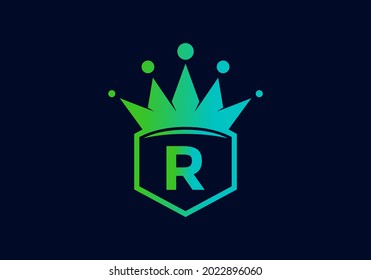 Green blue gradient color of R initial letter in frame with crown design