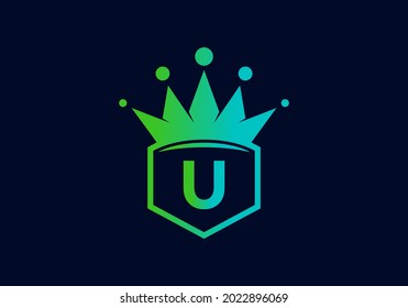 Green blue gradient color of U initial letter in frame with crown design
