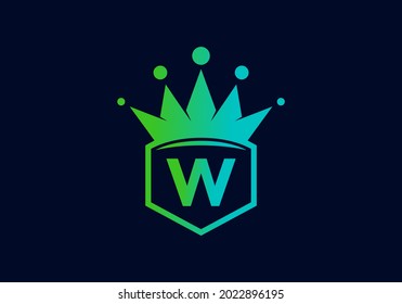 Green blue gradient color of W initial letter in frame with crown design