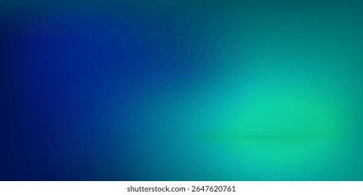 Studioraum mit grünem und blauem Farbverlauf, abstraktes Hintergrundmuster, Wände und Boden reflektieren Neonlichter, modernes trendiges Design