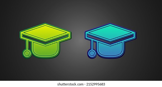 Green and blue Graduation cap icon isolated on black background. Graduation hat with tassel icon.  Vector