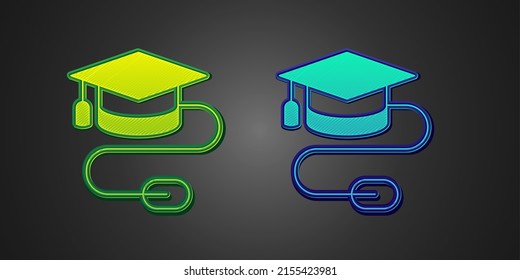 Green and blue Graduation cap with mouse icon isolated on black background. World education symbol. Online learning or e-learning concept.  Vector