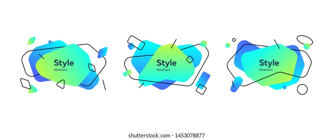 Green and blue graphic elements with geometric frames. Set of dynamical colored forms. Gradient banners with flowing liquid shapes. Template for design, flyer or presentation. Vector illustration