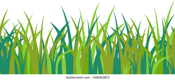 Green blue grass stalks, tuft and seamless pattern isolated on white background. Vector illustration for cartoon landscape