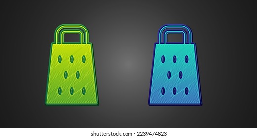 Green and blue Grater icon isolated on black background. Kitchen symbol. Cooking utensil. Cutlery sign.  Vector