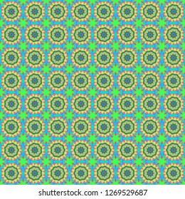 Green, blue and gray colors vector seamless pattern with many flowers.