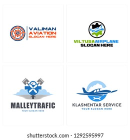 Green blue gray line art ribbon circle gear propeller cloud airplane gear adjustable spanner badge combination mark logo design vector suitable for service aviation industrial airport engineering