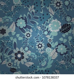 Green, blue and gray vector illustration. Floral illusion seamless pattern.