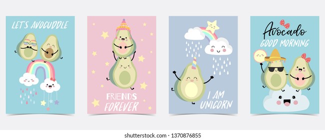 green blue hand drawn with rainbow,star,cloud,flag,unicorn avocado.Friend forever,Let's avocuddle
