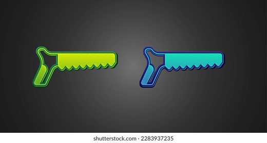 Green and blue Hand saw icon isolated on black background.  Vector
