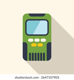 Green and blue handheld electronic device with buttons and screen displaying blank background with long shadow