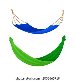 Green and blue hanging fabric hammocks set. Rope swing for beach or summer outdoor recreation vector illustration