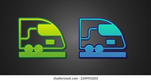 Green and blue High-speed train icon isolated on black background. Railroad travel and railway tourism. Subway or metro streamlined fast train transport.  Vector