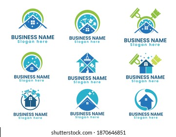 Green Blue Home Cleaning Services Logo Template Bundle Set Eps 10