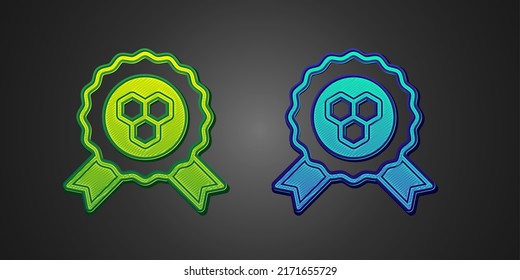 Green and blue Honey award icon isolated on black background. Honey medal.  Vector