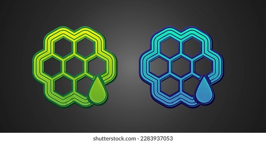 Green and blue Honeycomb icon isolated on black background. Honey cells symbol. Sweet natural food.  Vector