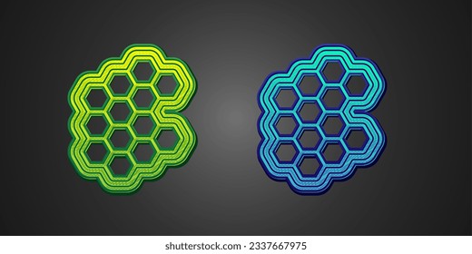 Green and blue Honeycomb icon isolated on black background. Honey cells symbol. Sweet natural food.  Vector