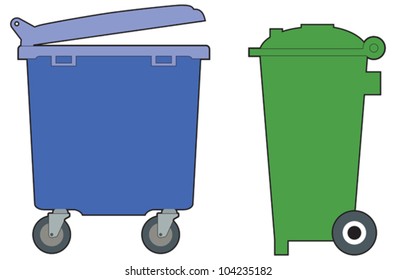 Green and blue, household and industrial wheelie bins