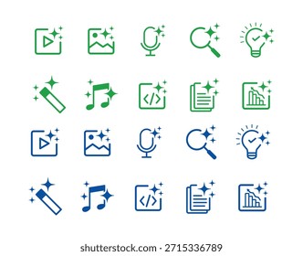 Conjunto de iconos verde y azul para la creación de contenido digital aislado sobre fondo blanco