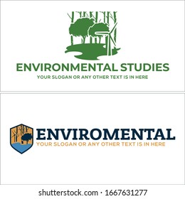 Green blue icon symbol initial shield tree leaf plant grass pinwheel Forest modern logo design. template suitable for Education Environmental Student School Teacher nature landscape silhouette winter.