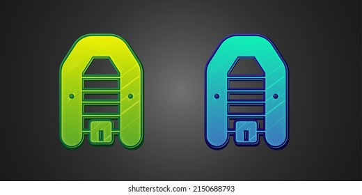 Green and blue Inflatable boat with outboard motor icon isolated on black background.  Vector