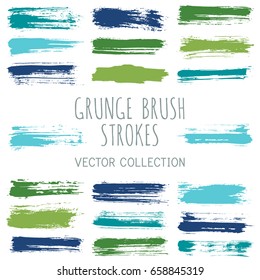 Green and blue ink paint brush splashes, watercolor brushstroke lines vector collection. Marker pen highlighting traces set. Acrylic smudges, dye stains, color combination. Graffiti hand painted dabs.