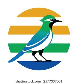 a green blue jay silhouette on retro stipe sun vector.