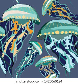 Green and blue jellyfish seamless pattern. Vector illustration of jellyfish on turquoise background