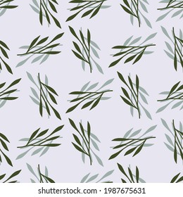 Green and blue leaf branches botanic seamless pattern. Light pastel background. Abstract foliage print. Vector illustration for seasonal textile prints, fabric, banners, backdrops and wallpapers.