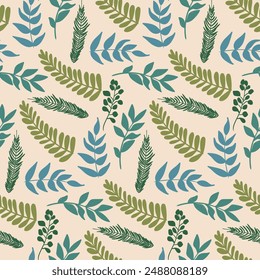 Green and blue leaves on a beige background, forming a seamless pattern