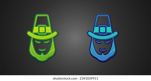 Green and blue Leprechaun icon isolated on black background. Happy Saint Patricks day. National Irish holiday.  Vector