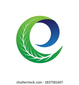 green and blue letter e for eco companies logo with leaf illustration 01