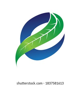 green and blue letter e for eco companies logo with leaf illustration 02