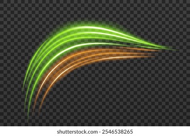 Rayos de luz verde y azul con un reflejo curvo agudo. Diseños de ciencia ficción, transiciones de luz y efectos futuristas. Brillantes rayas de neón y brillo dinámico sobre fondo transparente