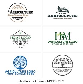 Green blue line art logo design badge tree and roof root suitable for agriculture plantation housing greening health