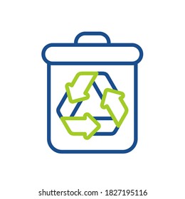 Green and blue line icon of recycle bin. Vector illustration, fit for recycle, nature, ecology design
