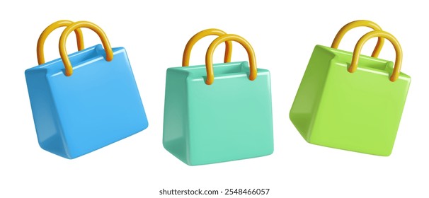 Conjunto de iconos de vectores realistas 3d de bolsas de compras de centro comercial verde y azul. Las bolsas de regalo de papel lindas se renderizan en colores de primavera. 