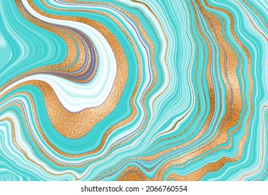 Green and blue marble with gold stripes. Lustrous marble design. Thin graceful transitions and lines, cut agate stone. Chic bright background. Vector file.