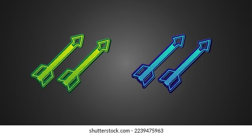 Grün und Blau Mittelalterliche Pfeile Symbol einzeln auf schwarzem Hintergrund. Mittelalterliche Waffe.  Vektorgrafik